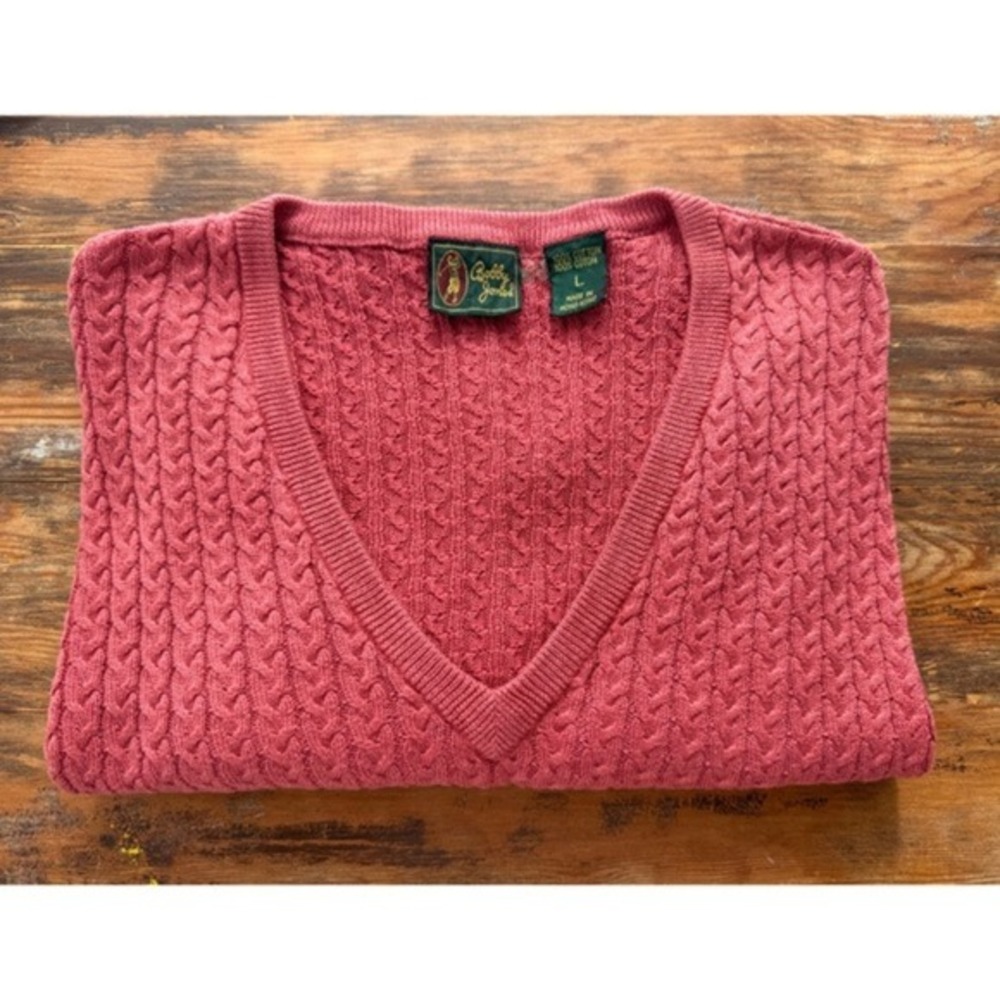 VTG Bobby Jones Mens V-Neck Cable Knit Sweater Coral Pink 100%‎ Cotton Large L
